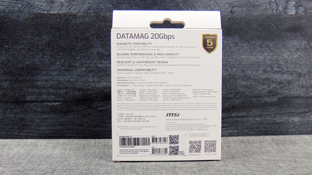 MSI DATAMAG 20Gbps Magnetic Portable SSD Box Back