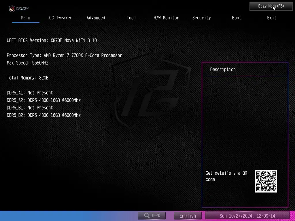 ASRock Phantom Gaming X870E NOVA WiFi motherboard: BIOS screenshot