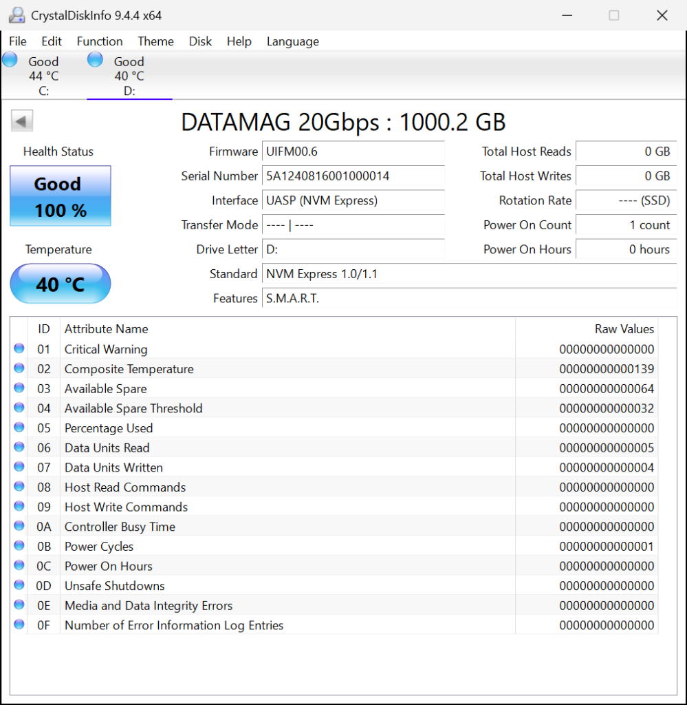 MSI DATAMAG 20Gbps Magnetic Portable SSD CrystalDiskInfo
