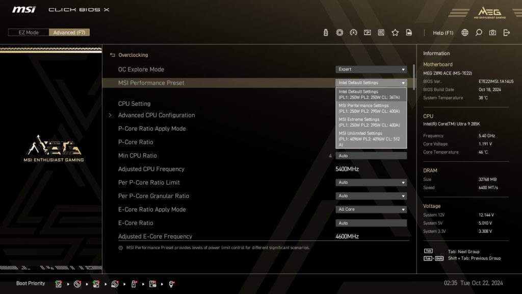 MSI MEG Z890 ACE BIOS Screenshot