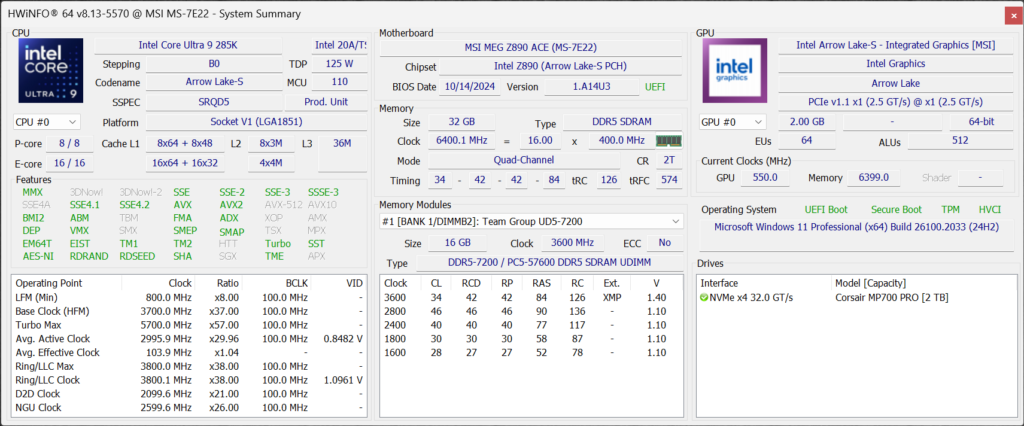 Intel Core Ultra 9 285K HWiNFO64 Screenshot