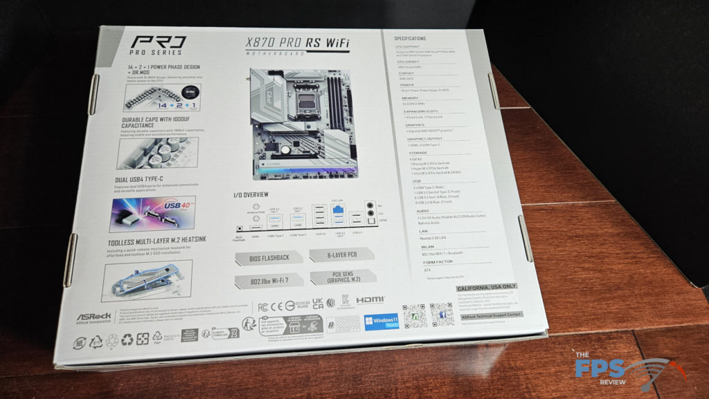 ASRock X870 Pro RS WiFi motherboard: back of box