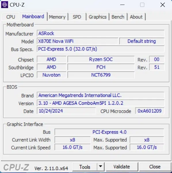 ASRock Phantom Gaming X870E NOVA WiFi motherboard: cpuz screenshot