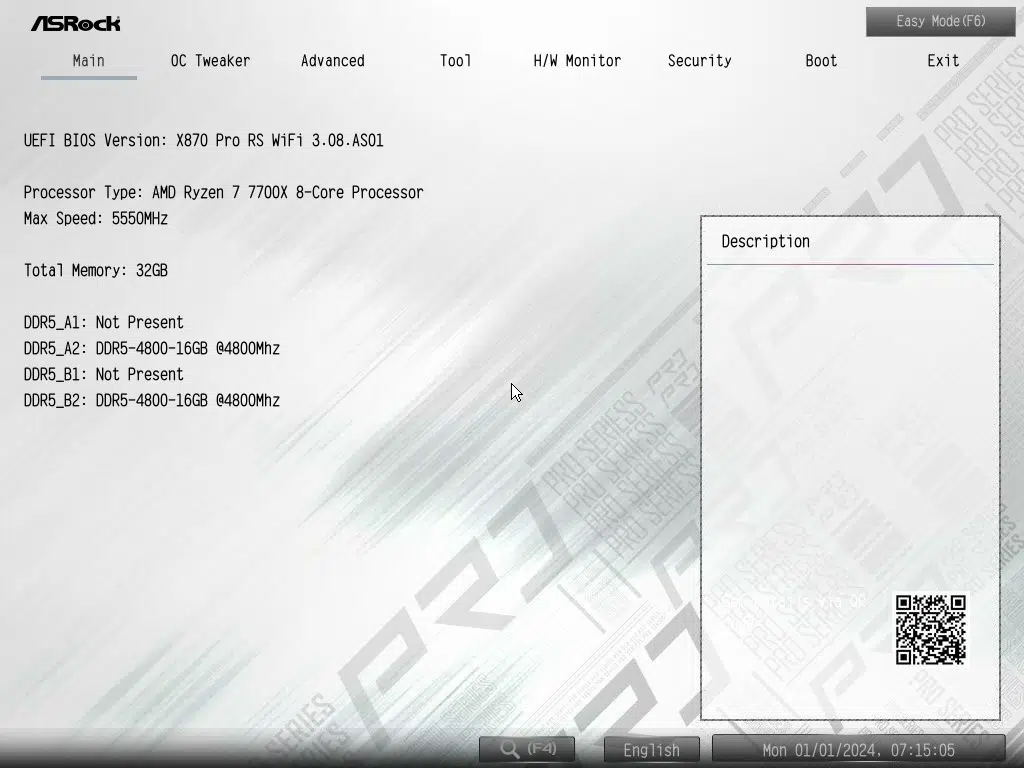 ASRock X870 Pro RS WiFi motherboard: BIOS screenshot