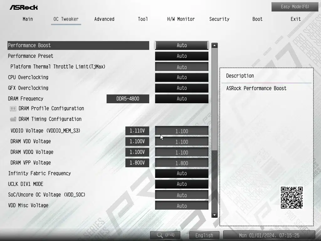 ASRock X870 Pro RS WiFi motherboard: BIOS screenshot