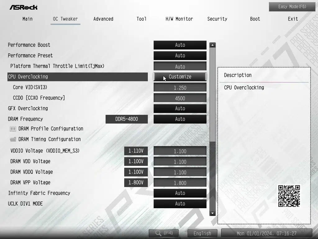 ASRock X870 Pro RS WiFi motherboard: BIOS screenshot