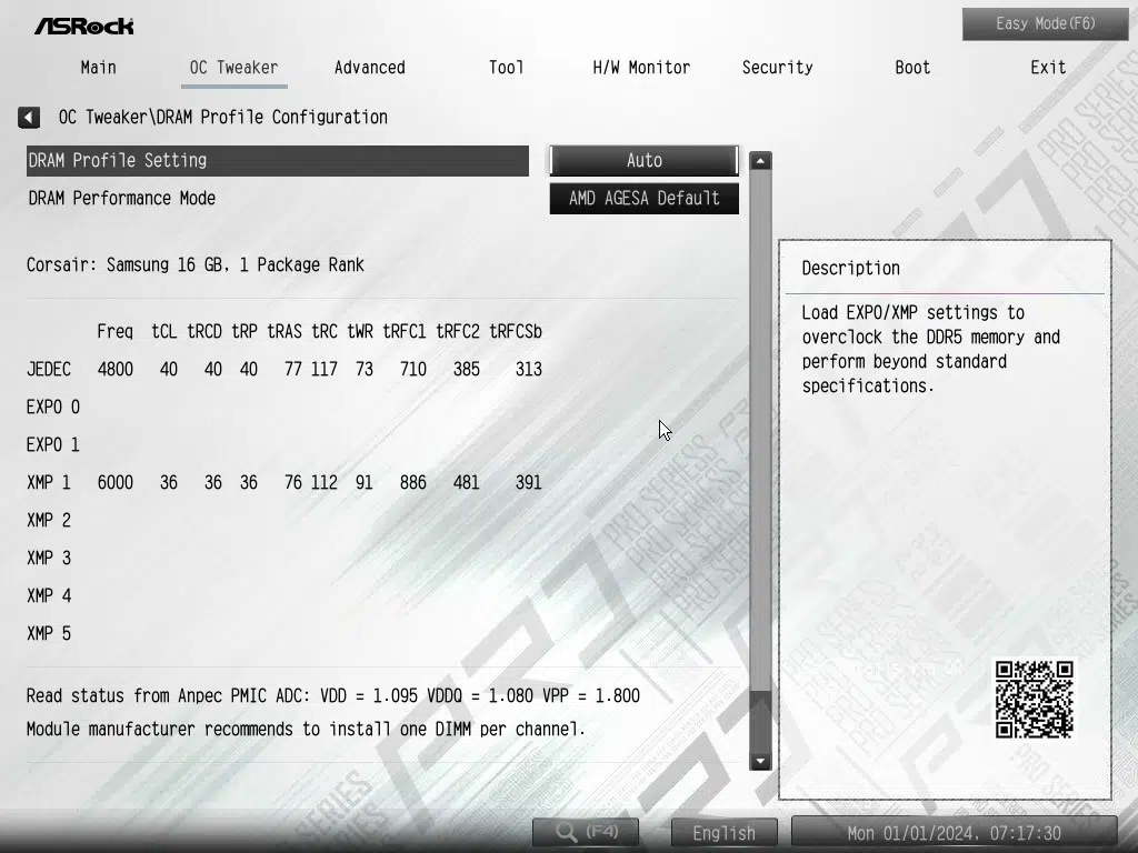 ASRock X870 Pro RS WiFi motherboard: BIOS screenshot
