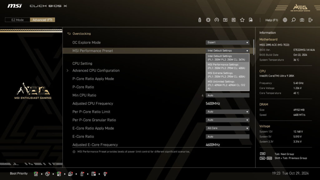 MSI MEG Z890 ACE Motherboard UEFI
