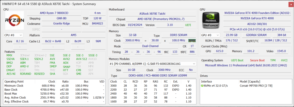 AMD Ryzen 7 9800X3D HWiNFO64 Summary Screenshot