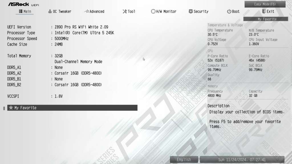 ASRock Z890 Pro RS WiFi White motherboard: BIOS