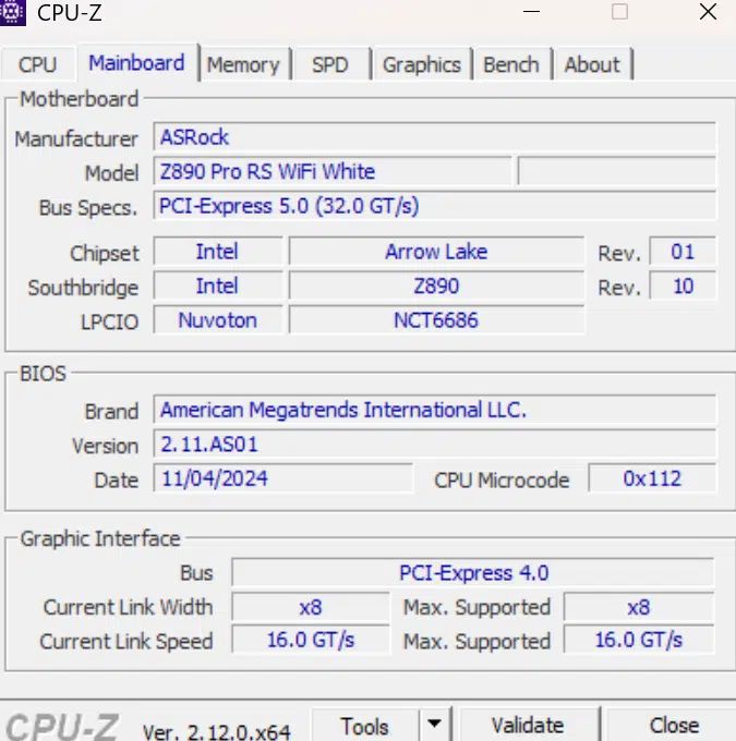 ASRock Z890 Pro RS WiFi White motherboard: cpuz