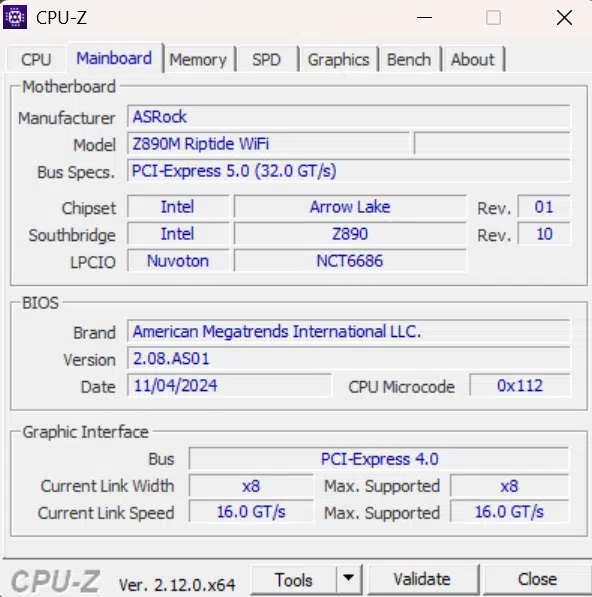 ASRock Phantom Gaming Z890M WiFi: CPUZ