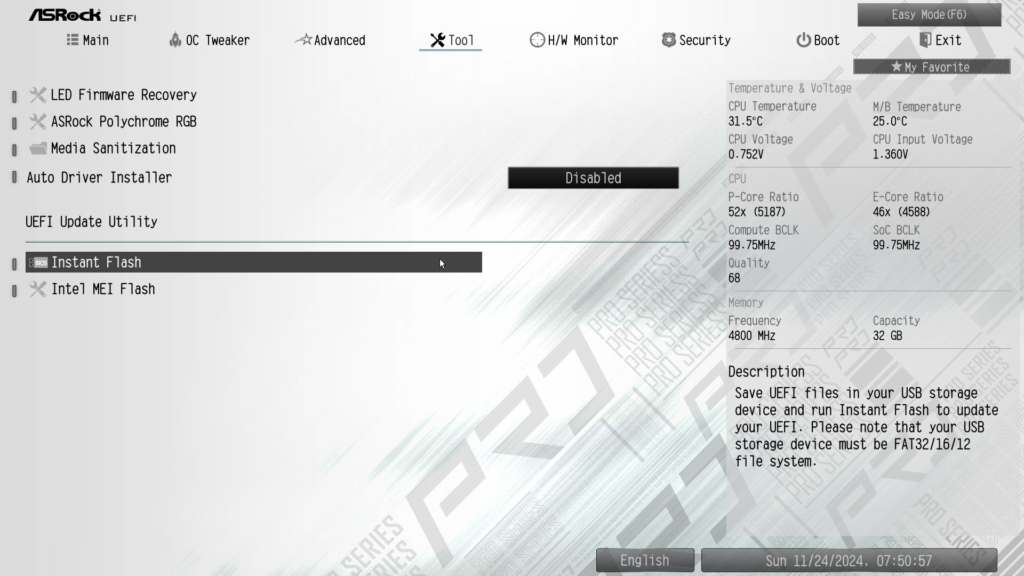 ASRock Z890 Pro RS WiFi White motherboard: BIOS