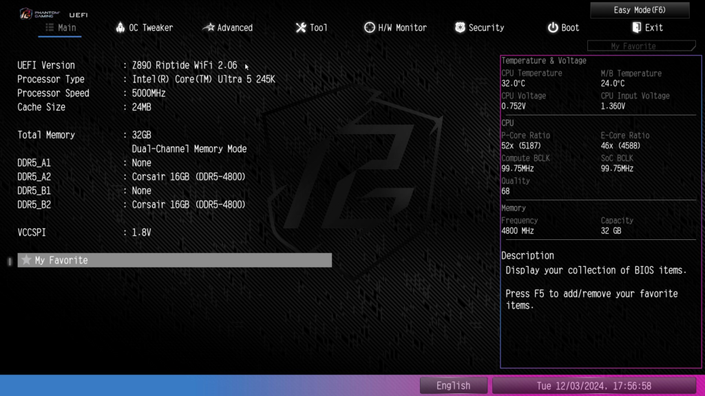 ASRock Phantom Gaming Z890 RIPTIDE WiFi: BIOS screenshot