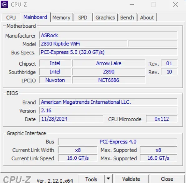 ASRock Phantom Gaming Z890 RIPTIDE WiFi: cpuz