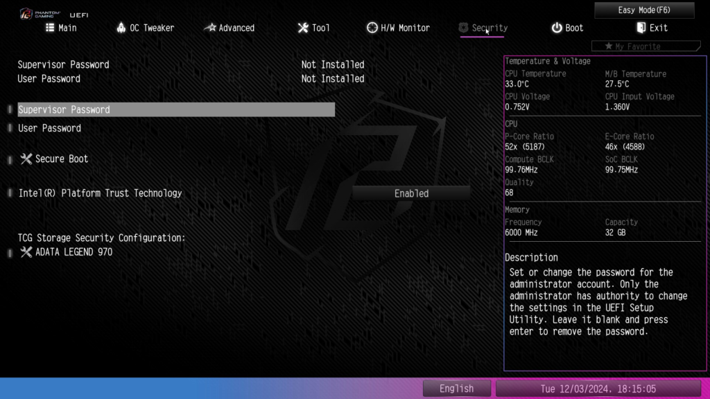 ASRock Phantom Gaming Z890 RIPTIDE WiFi: BIOS screenshot