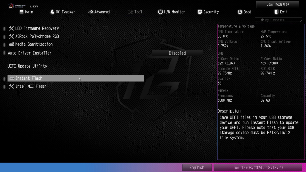 ASRock Phantom Gaming Z890 RIPTIDE WiFi: BIOS screenshot
