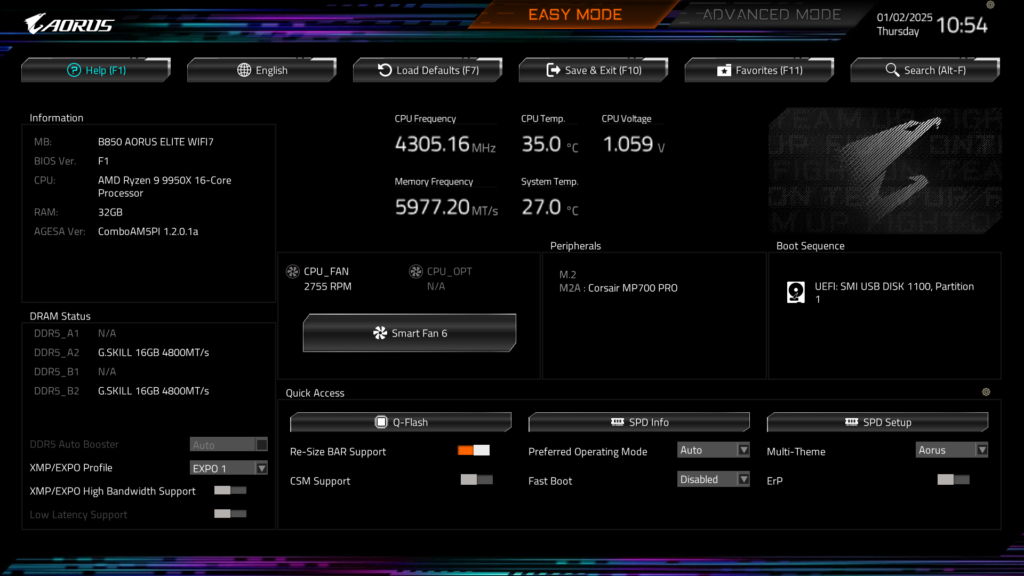 GIGABYTE B850 AORUS ELITE WIFI7 BIOS UEFI Screenshot