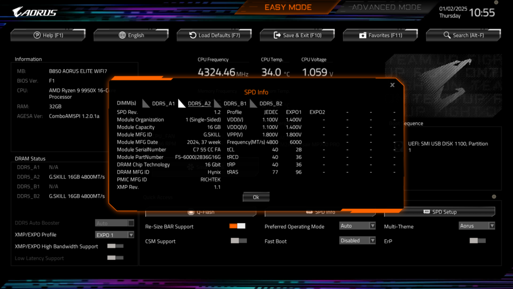 GIGABYTE B850 AORUS ELITE WIFI7 BIOS UEFI Screenshot
