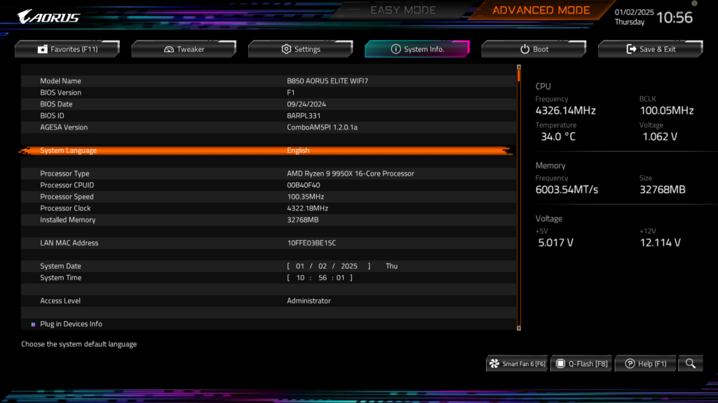 GIGABYTE B850 AORUS ELITE WIFI7 BIOS UEFI Screenshot