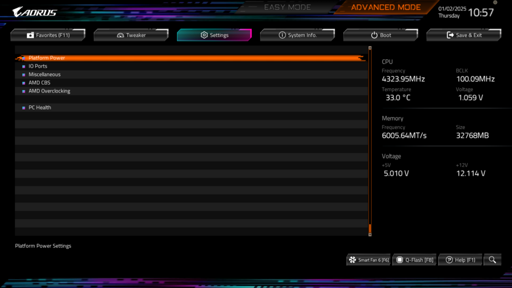 GIGABYTE B850 AORUS ELITE WIFI7 BIOS UEFI Screenshot