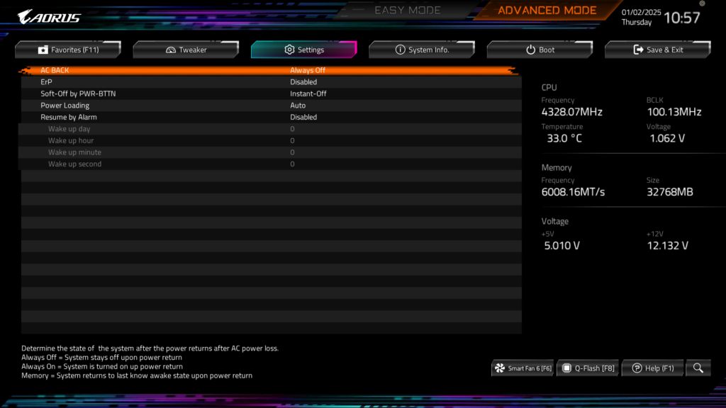 GIGABYTE B850 AORUS ELITE WIFI7 BIOS UEFI Screenshot