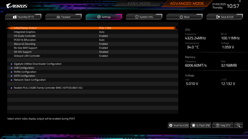 GIGABYTE B850 AORUS ELITE WIFI7 BIOS UEFI Screenshot