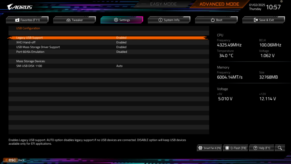 GIGABYTE B850 AORUS ELITE WIFI7 BIOS UEFI Screenshot