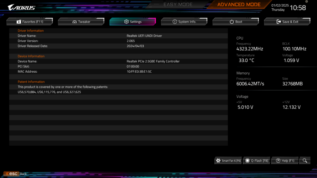 GIGABYTE B850 AORUS ELITE WIFI7 BIOS UEFI Screenshot