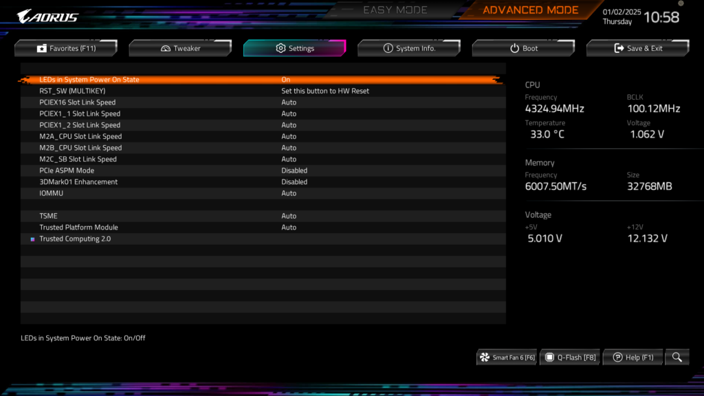GIGABYTE B850 AORUS ELITE WIFI7 BIOS UEFI Screenshot