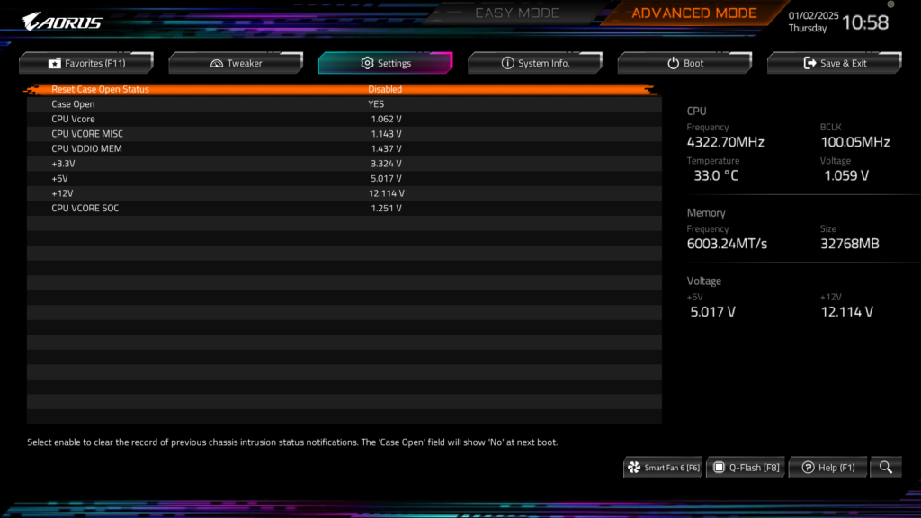 GIGABYTE B850 AORUS ELITE WIFI7 BIOS UEFI Screenshot