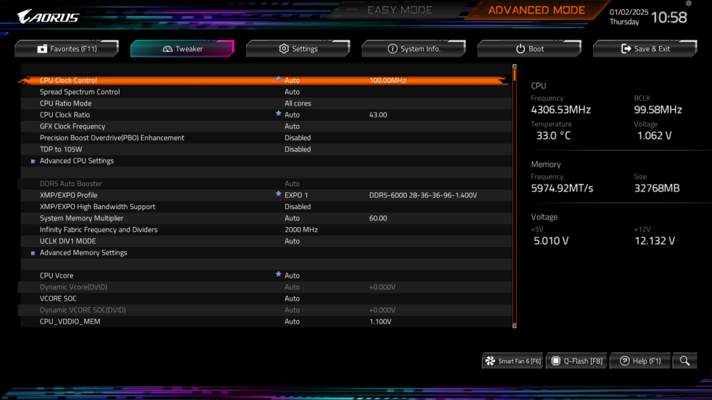 GIGABYTE B850 AORUS ELITE WIFI7 BIOS UEFI Screenshot