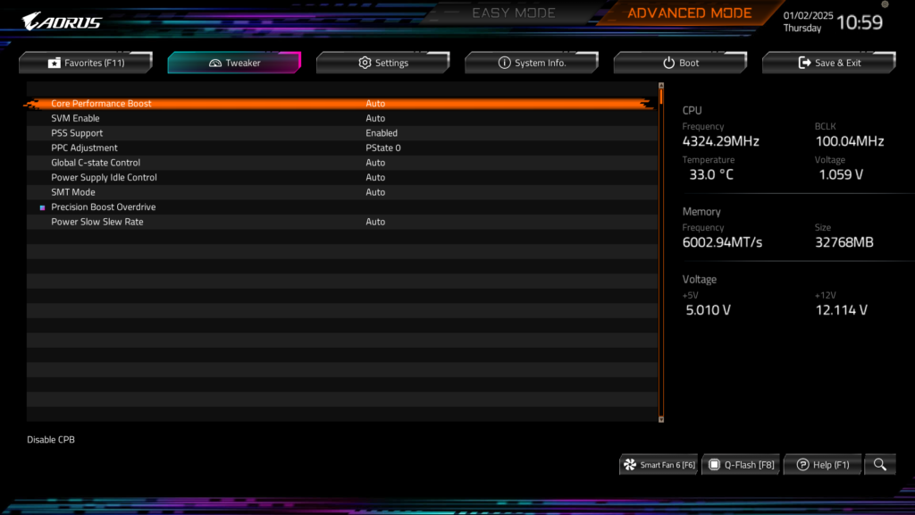 GIGABYTE B850 AORUS ELITE WIFI7 BIOS UEFI Screenshot
