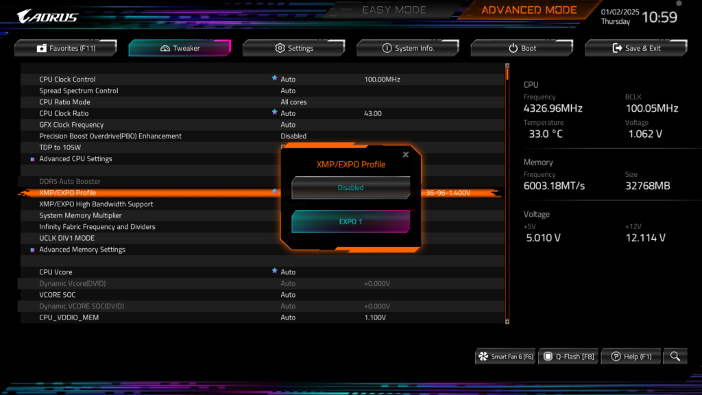 GIGABYTE B850 AORUS ELITE WIFI7 BIOS UEFI Screenshot