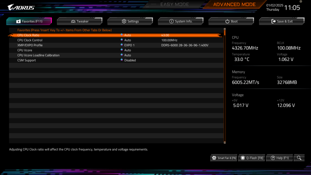 GIGABYTE B850 AORUS ELITE WIFI7 BIOS UEFI Screenshot
