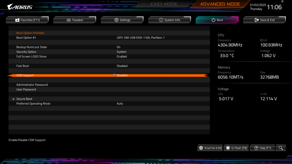 GIGABYTE B850 AORUS ELITE WIFI7 BIOS UEFI Screenshot