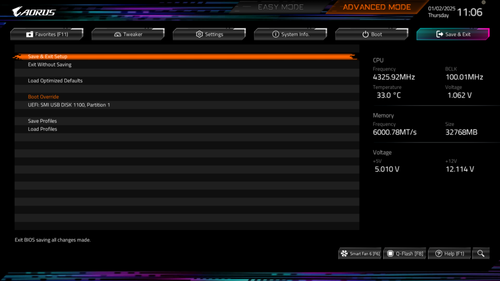 GIGABYTE B850 AORUS ELITE WIFI7 BIOS UEFI Screenshot