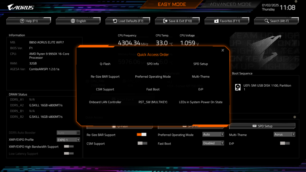 GIGABYTE B850 AORUS ELITE WIFI7 BIOS UEFI Screenshot