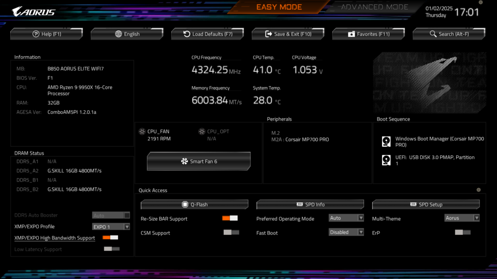 GIGABYTE B850 AORUS ELITE WIFI7 BIOS UEFI Screenshot