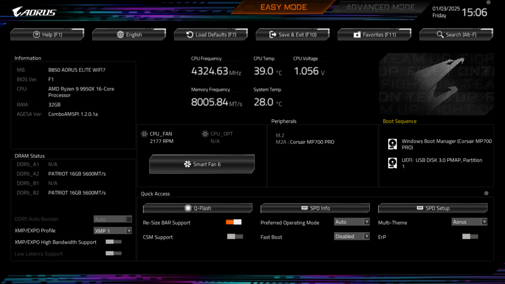 GIGABYTE B850 AORUS ELITE WIFI7 BIOS UEFI Screenshot