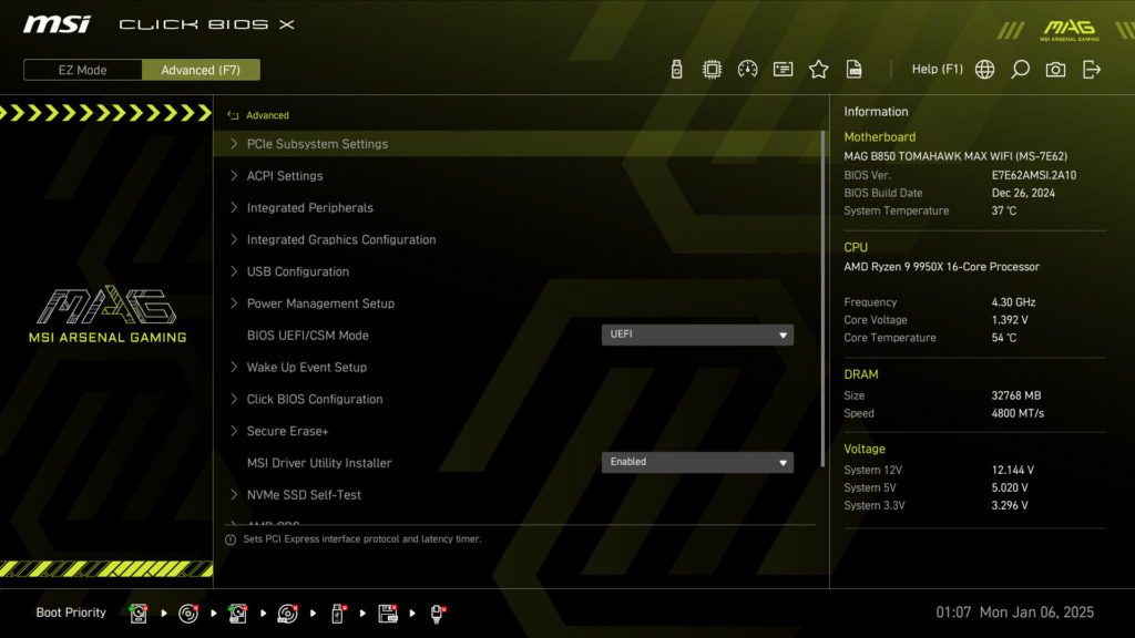 MSI MAG B850 TOMAHAWK MAX WIFI UEFI/BIOS Screenshot