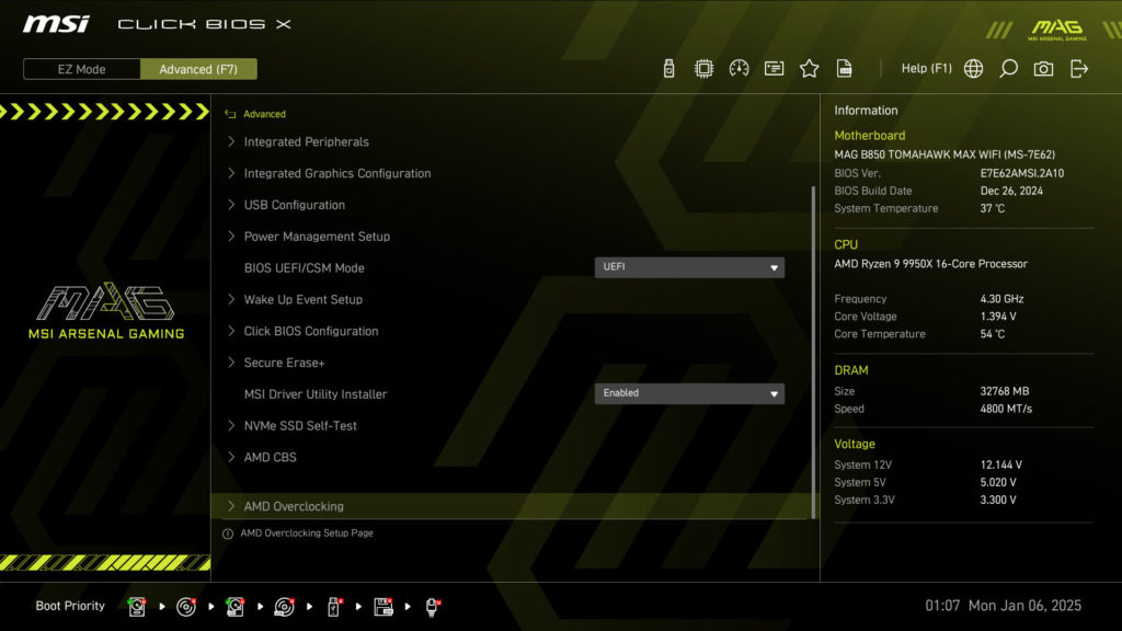 MSI MAG B850 TOMAHAWK MAX WIFI UEFI/BIOS Screenshot