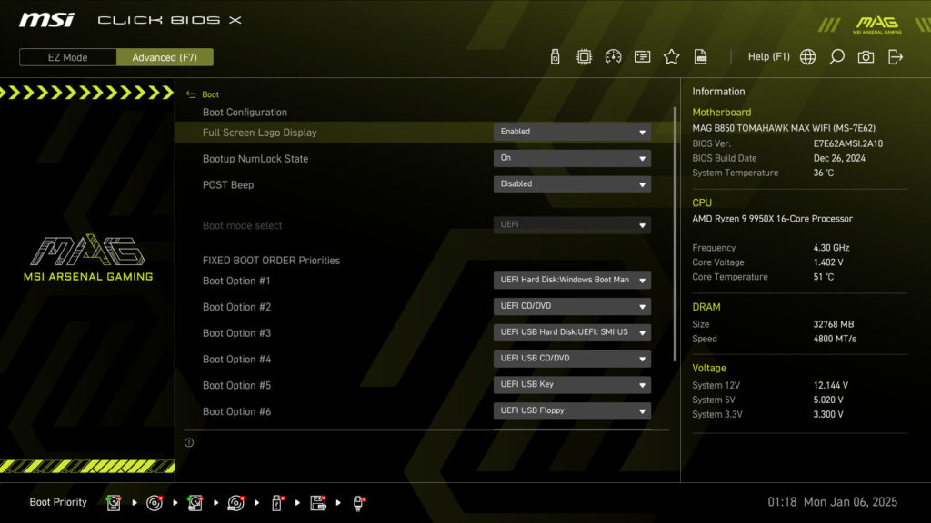 MSI MAG B850 TOMAHAWK MAX WIFI UEFI/BIOS Screenshot