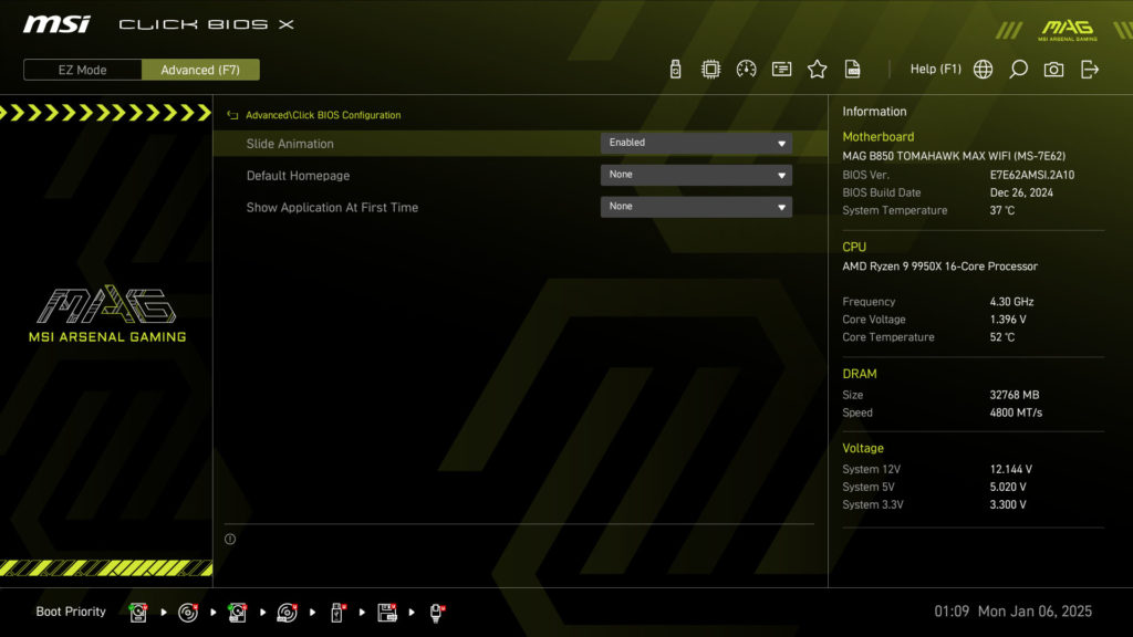 MSI MAG B850 TOMAHAWK MAX WIFI UEFI/BIOS Screenshot