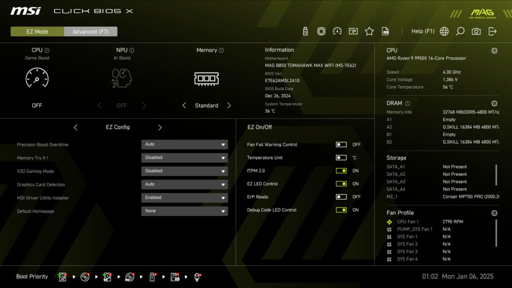 MSI MAG B850 TOMAHAWK MAX WIFI UEFI/BIOS Screenshot