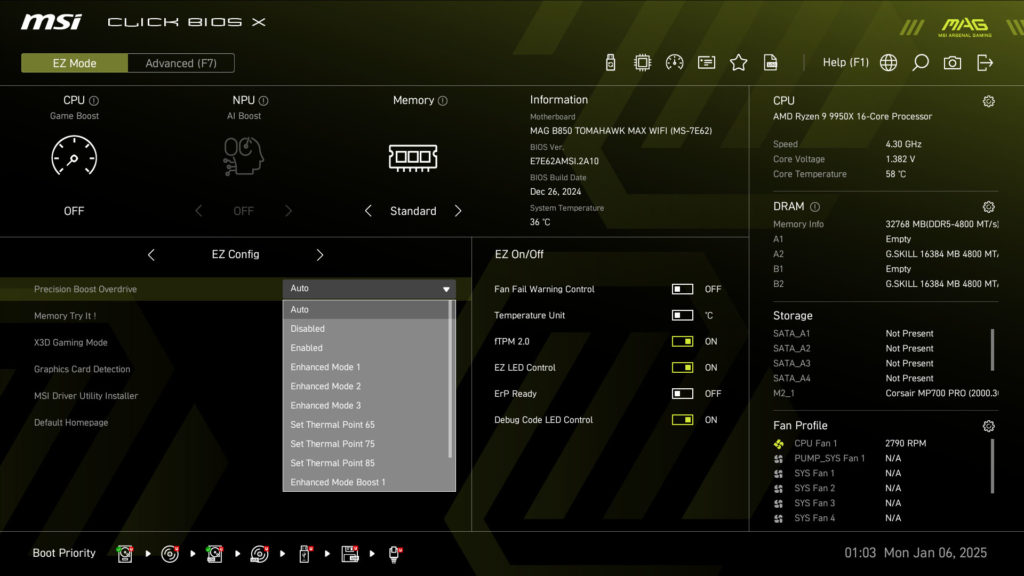 MSI MAG B850 TOMAHAWK MAX WIFI UEFI/BIOS Screenshot
