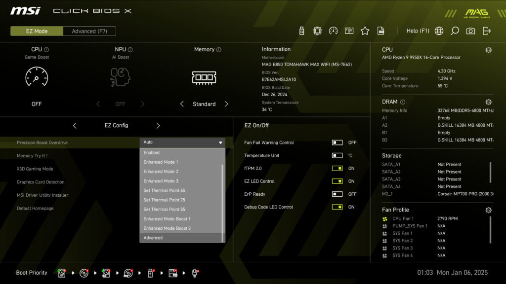 MSI MAG B850 TOMAHAWK MAX WIFI UEFI/BIOS Screenshot
