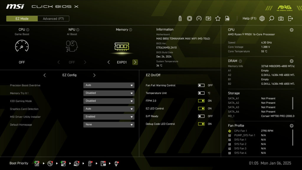 MSI MAG B850 TOMAHAWK MAX WIFI UEFI/BIOS Screenshot