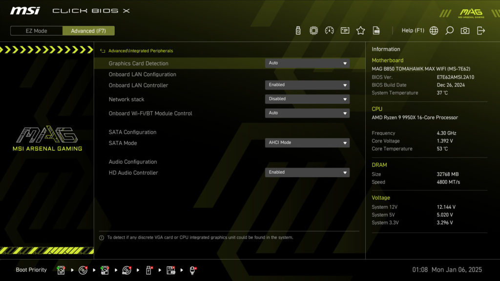MSI MAG B850 TOMAHAWK MAX WIFI UEFI/BIOS Screenshot