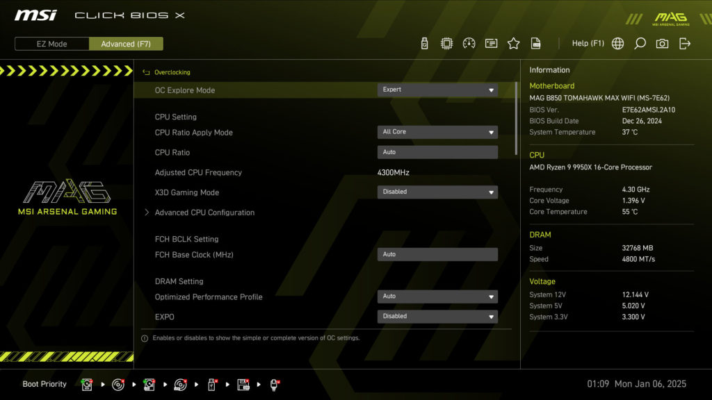 MSI MAG B850 TOMAHAWK MAX WIFI UEFI/BIOS Screenshot